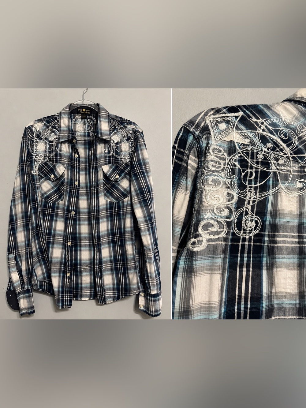 Y2K Buckle Pop Icon Plaid Button Up Shirt Embroidered Size S Western BKE Tribal